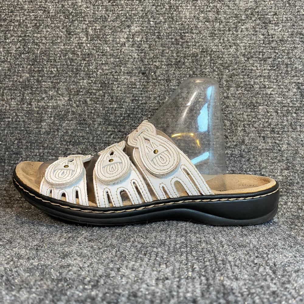 Clarks Womens 7 White Leisa Fei Ultimate Comfort Slip on Sandals Hook Loop